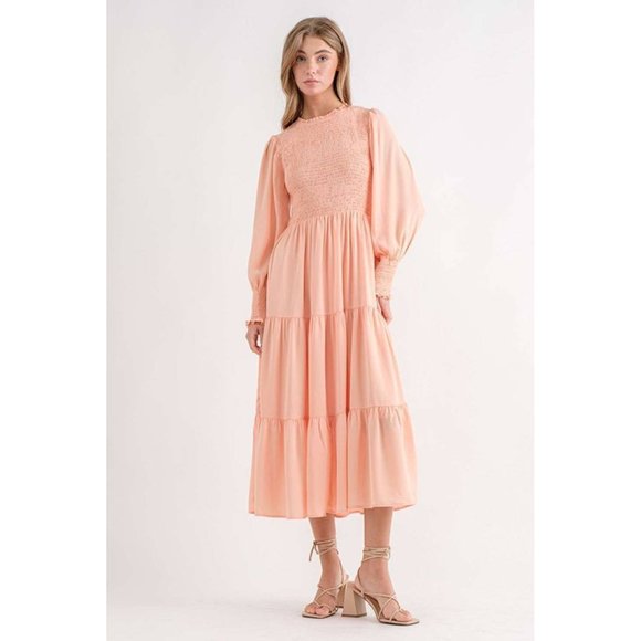 Dresses & Skirts - Apricot Powder Smocked Bubble Sleeve Ruffle Tiered Midi Dress